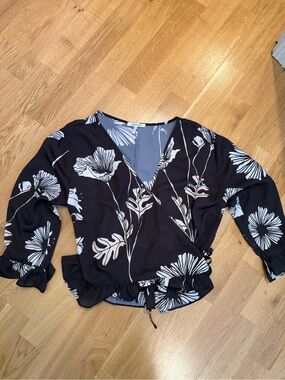 Floral Wrap Blouse - Deep Brown & White
